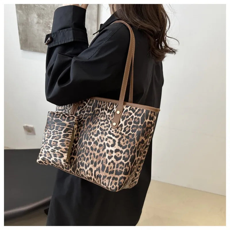 Women's Leopard Print Tote bag Pu Leather Underarm Bags Simple Casual Travel Shopping Bag Large Capacity Mother and Child Packag