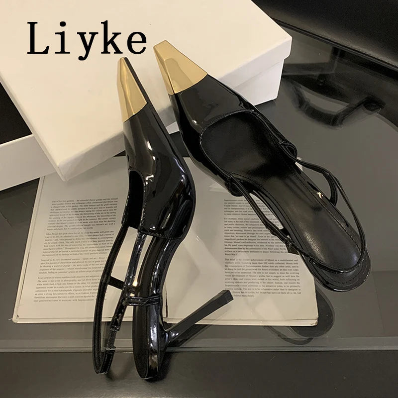Liyke Sexy Slingback Sandal Female Design Metal Pointed Toe Stiletto High Heels Party Prom Shoes Women Pumps Zapatos Mujer
