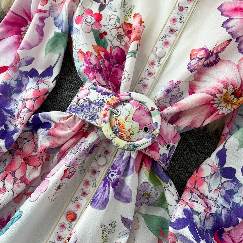 Runway 2025 Spring Summer Floral Print Long Shirt Dress Women's Turtleneck Lantern Sleeve Print Belt Casual Holiday Dress Female
