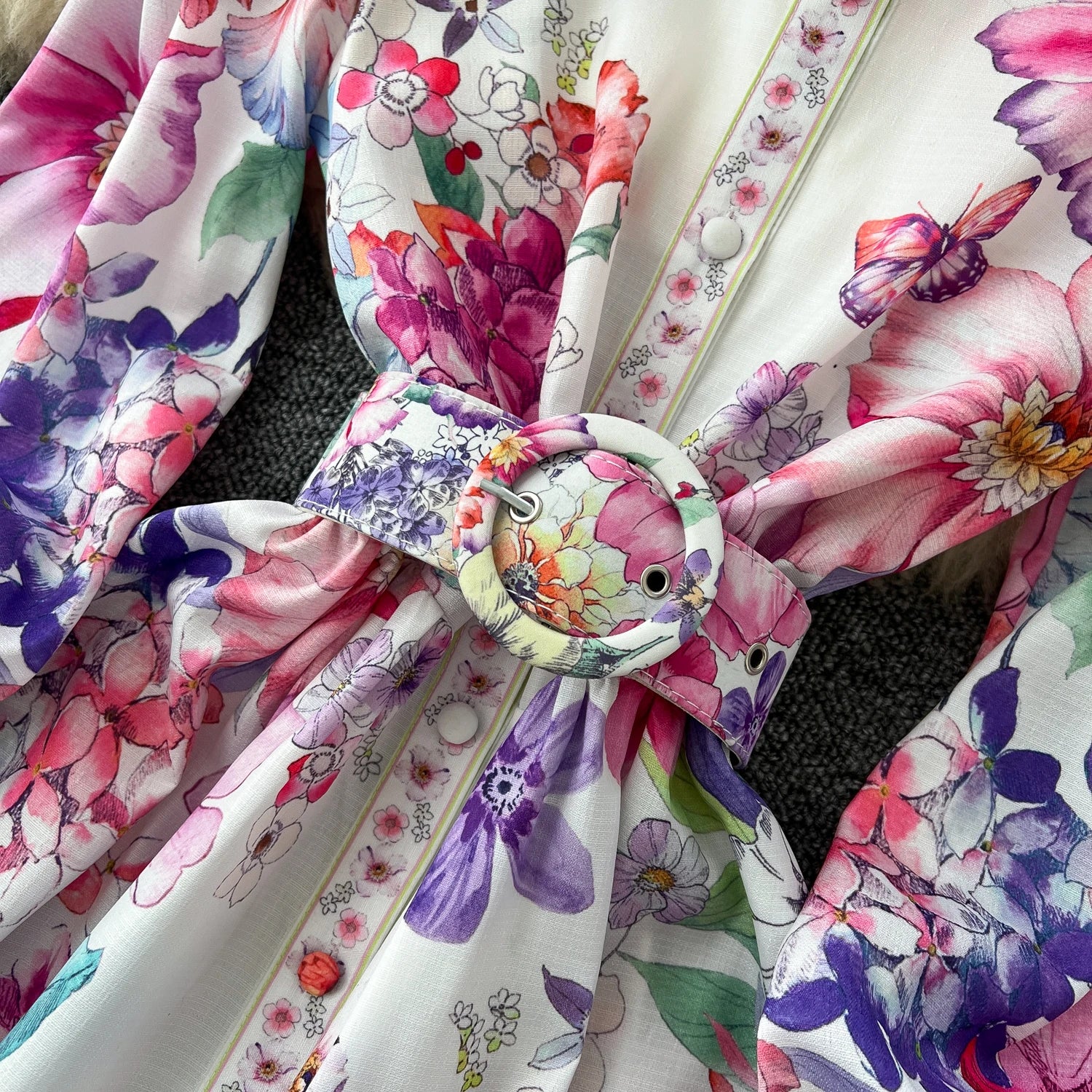 Runway 2025 Spring Summer Floral Print Long Shirt Dress Women's Turtleneck Lantern Sleeve Print Belt Casual Holiday Dress Female