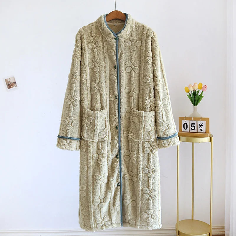 Autumn and Winter 2026 New Women's Nightgown Flannel Sweet and cute Bathrobe Women's Nightdress Stand collar Button Home Dress