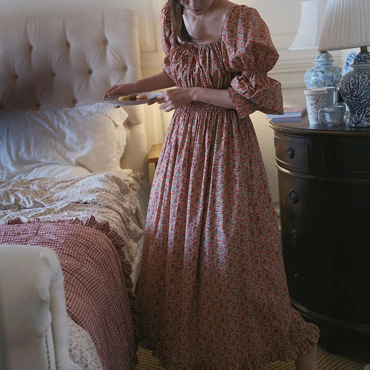 100% Pure Cotton Nightgown Women 2026 New Arrival Spring Summer Vintage Retro Floral Printing Lengthened Nightdress Loungewear