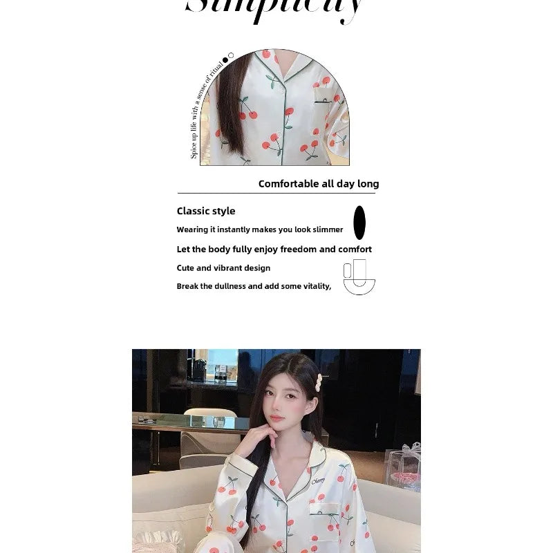 Sweet Cherry Print Satin Long Sleeve Pajama Set Soft Comfortable Loungewear for Women