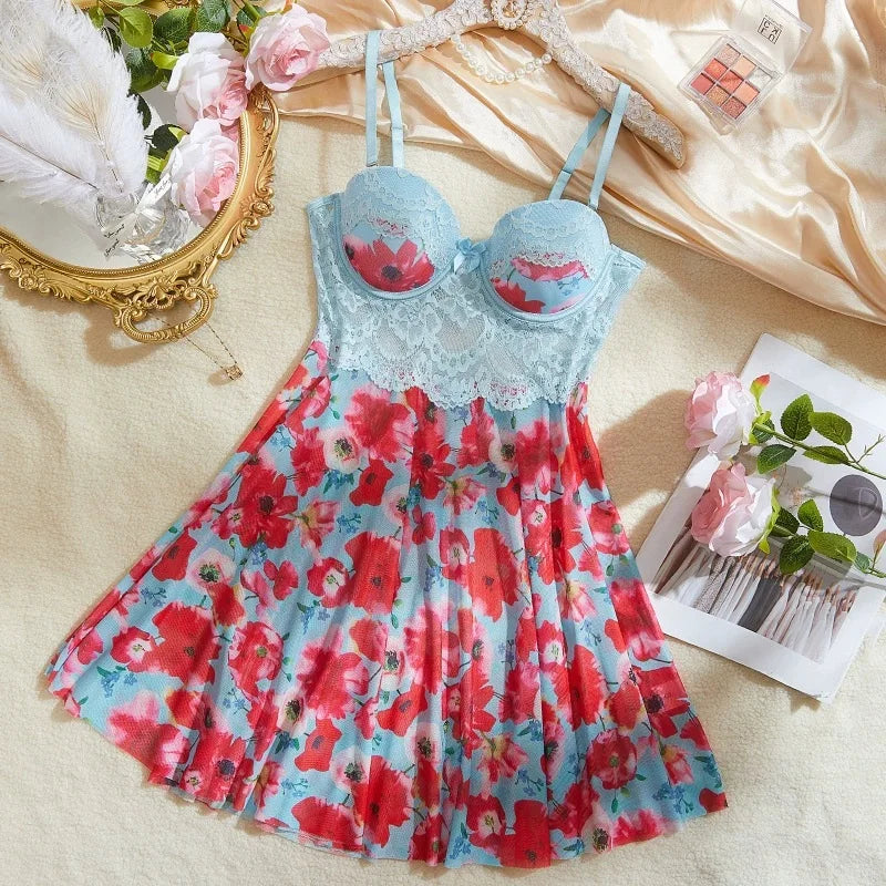 Women Sexy Nightgown Floral Print Pajamas Dress Lace Splicing Nightwear Sleeveless Night Dress Home Wear Baby Doll Sexy Lingerie