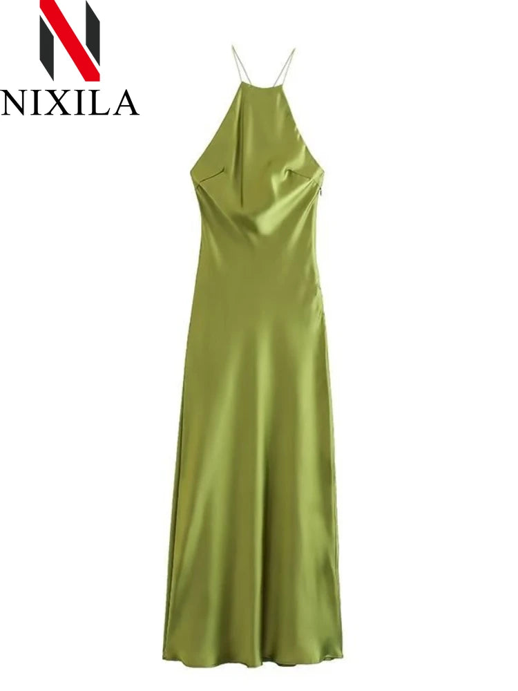 New Spring Summer Women's Maxi Dress Satin Feeling Sleeveless Dress European American Style Banquet Sexy Dress Evening Dresses