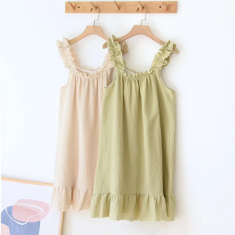 2026 new women's summer cotton yarn, pure cotton suspender sleepwear loose medium to long sweet and cute long skirt home wear