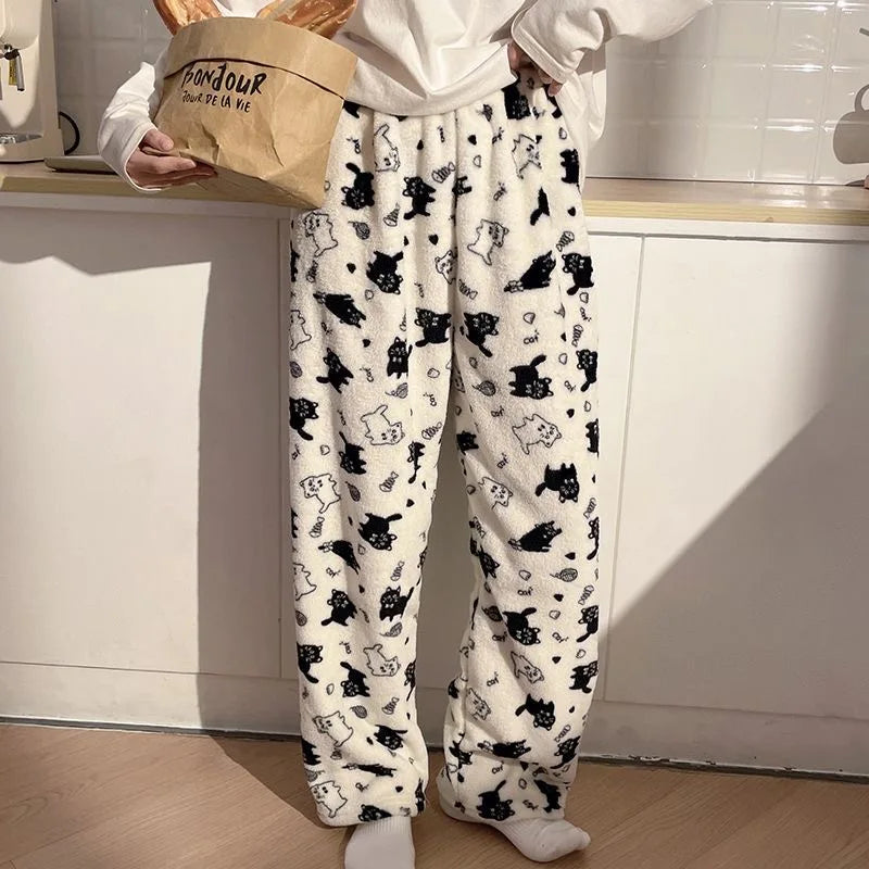 Black Cat Cartoon Pajamas Pants Kawaii Christmas PJS Korean Women Winter Warm Fluffy Flannel Sleepwear Girls Cute PJ Pants