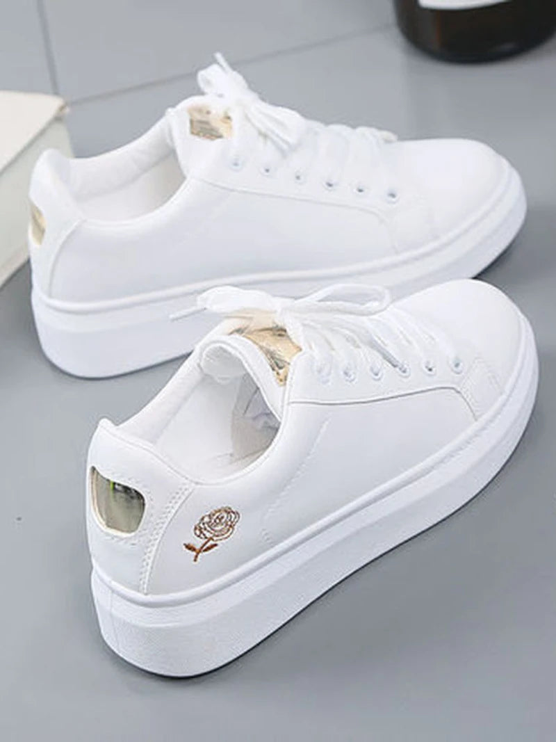 Women Leather Pu Casual Shoes New 2025 Woman Shoes Fashion Embroidered White Sneakers Breathable Flower Lace-Up Women Sneakers