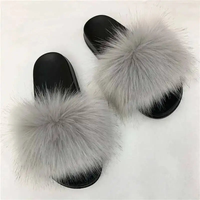 Ladies Fluffy Slippers Summer Women Faux Fur Soft Slides Stylish Open Toe Sandals Outdoor Indoor Furry Comfortable Beach Shoes