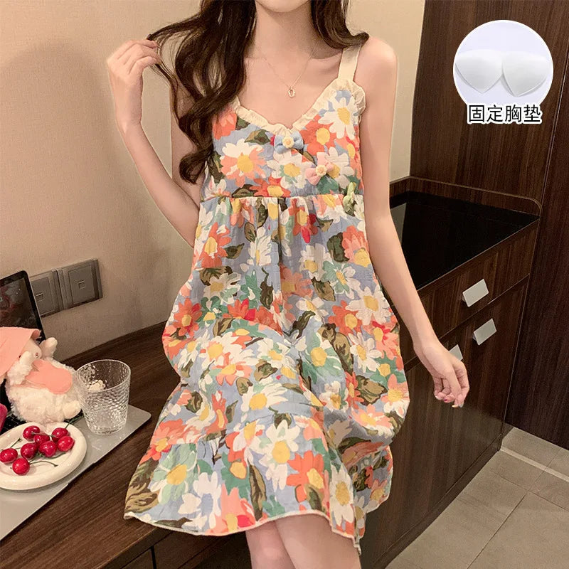 Sweet Lace Ruffle Sleepwear Woman Korean Fly Sleeves Summer Nightgown with Cheat Pad  V-neck Pajamas Dress Sleeping Home Clothes