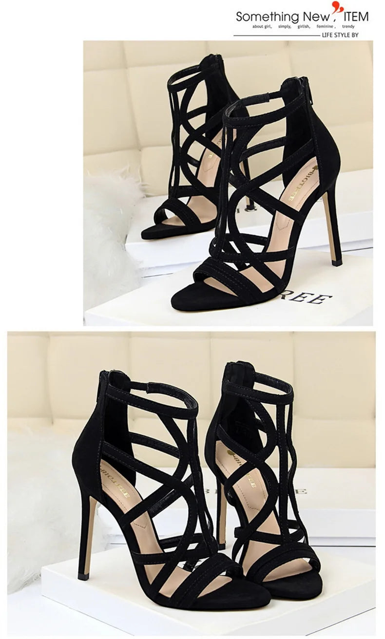 Women Roman style Thin High Heels Pumps Pointed Toe Suede Hollow Strap Party Shoes Solid Solid Ankle Zip Summer Sandals
