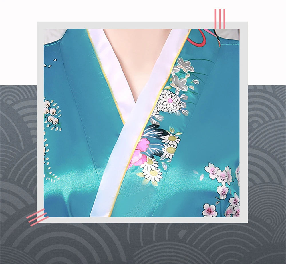 Traditional Japanese Satin Kimono Bathrobe With Obi Women Floral Print Nightgown Yukata Novelty Gown Bridal Homewear Sleepwear