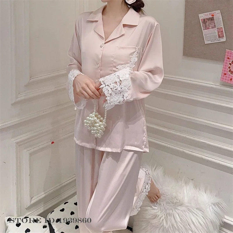 Female Pajamas Set White Satin Lace Trim Bride Wedding Sleepwear Gift Homewear Sexy Loose Long Sleeve Trouser Suit Loungewear