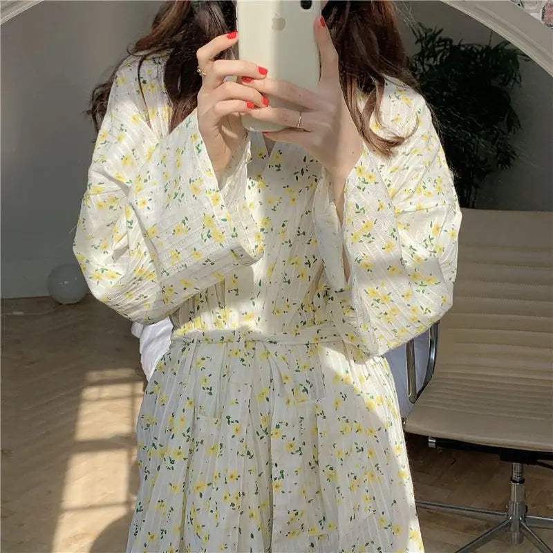 Korean Style Floral Pajamas Spring and Summer Sweet Bow Tie Pajama Girl Long Sleeved Trousers Student Dormitory Home Clothes Hot