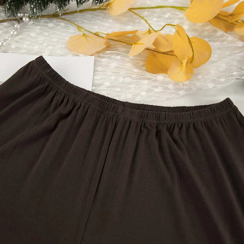 New 2026 Brown Loose Female Sleepwear Suit O-Neck Nightgowns Long Sleeve Nightwear Wide Leg Pants Women's Pajamas 2 Piece Set