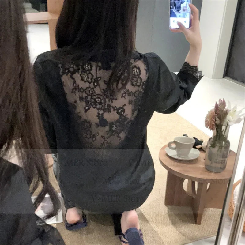 2025 Summer Autumn New Trousers Set Ice Silk Sleepwear for Women Lace Floral Backless Top Pant 2Pcs Pajamas Loungewear Nightwear