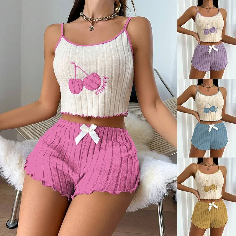 Womens Summer Brushed Pajama Set Cute Y2K Embroidered Cherry Ribbed Cami Top Ruffle Shorts Two Piece Loungewear Sleepwear