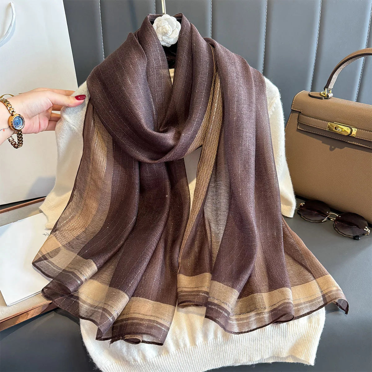 Luxury Long Scarf For Women Elegant Hijab For Travel Beach Soft Stain Neckerchief Shawl Solid Color Imitation Silk Scarves