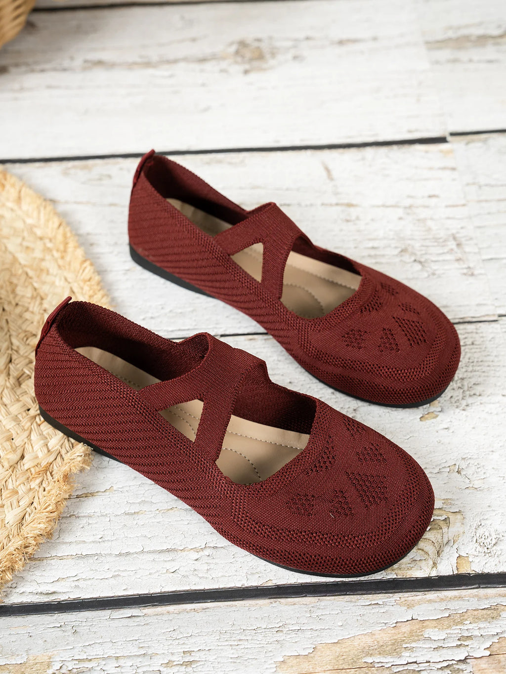 Round-toe small single shoes, fairy-style ballet shoes, comfortable knitted Mary Jane shoes