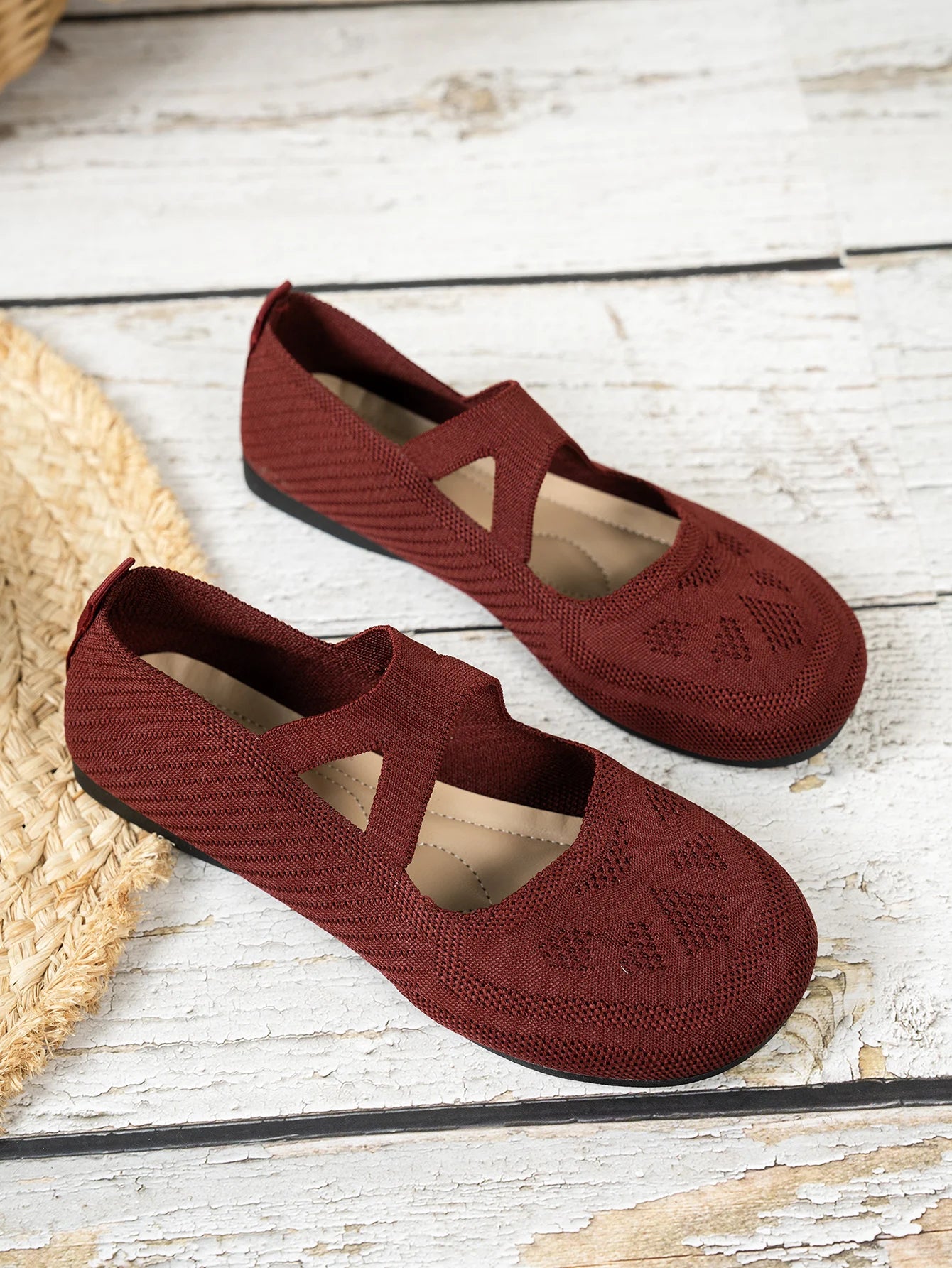 Round-toe small single shoes, fairy-style ballet shoes, comfortable knitted Mary Jane shoes