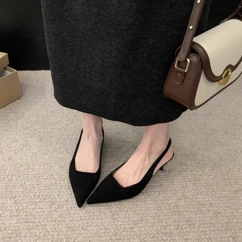 SUOJIALUN 2024 Spring New Women Sandal Fashion Pointed Toe Shallow Slip On Dress Mules Shoes Thin Low Heel Slingback Sandal