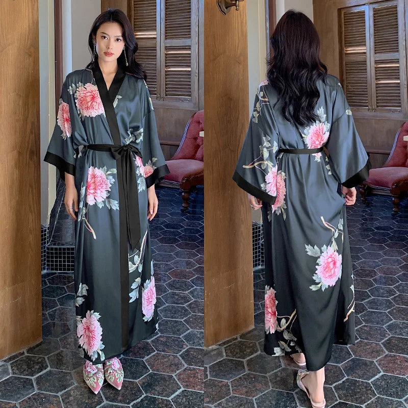 New Spring Summer Female Long Robe Nightgown Sexy Print Flower Kimono Bathrobe Gown Casual Silk Satin Home Dress Lounge Wear