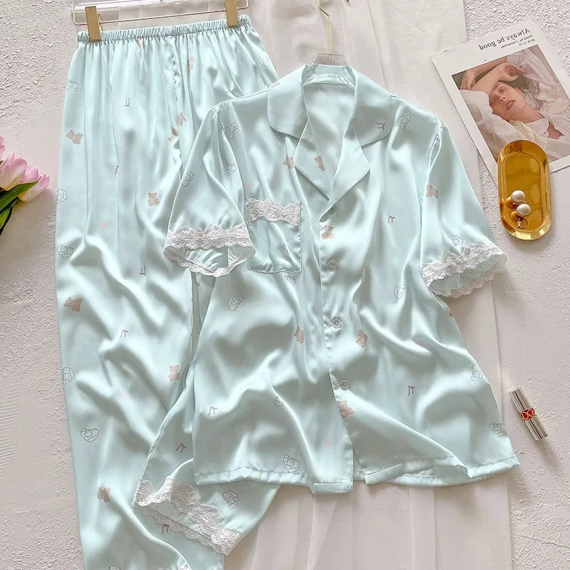 Bear Print Pajamas Women Cool Ice Silk Short Sleeve Pants Loungewear Cardigan Lace Fall and Winter Two-Piece Set Plus Size