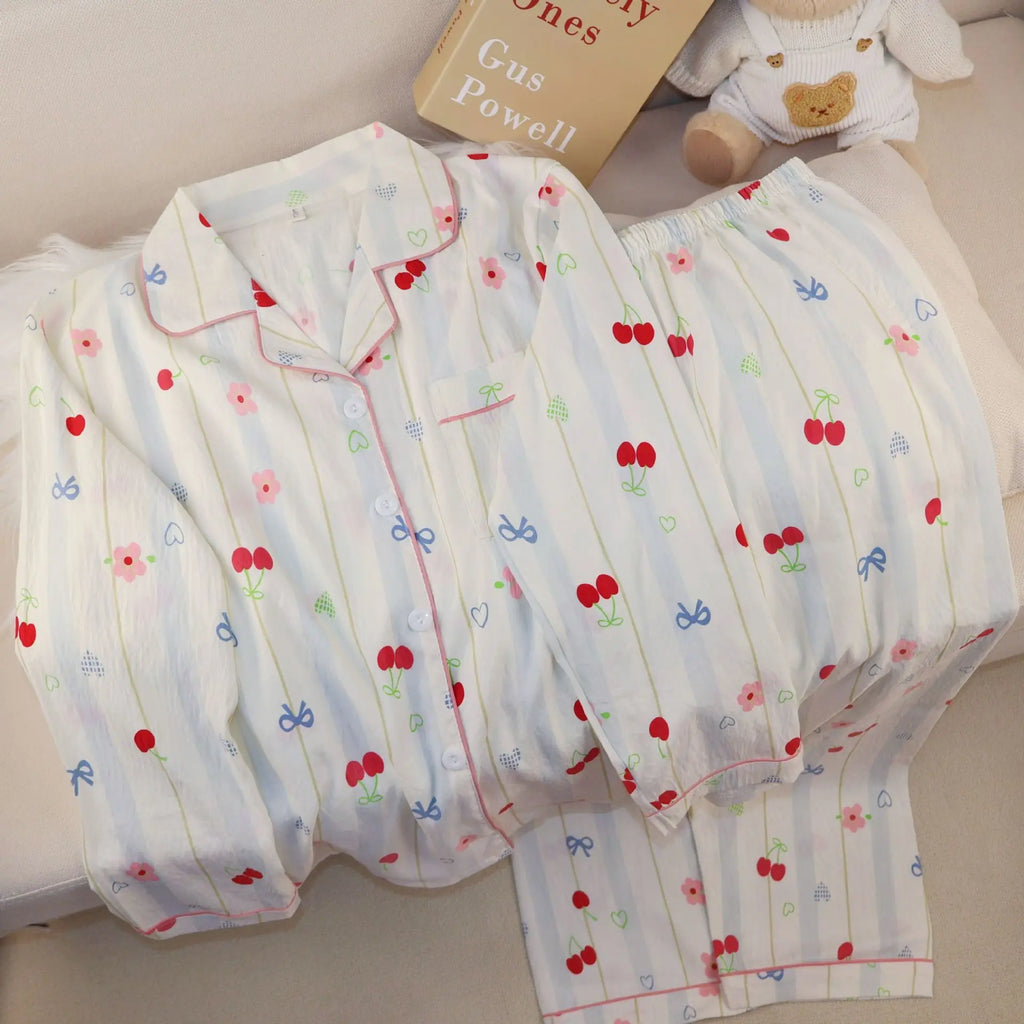 New Pajamas with Cherry Print for Girls Sweet Collared Cardigan Two-Piece Home Outfit Women's Sleepwear Homewear Student