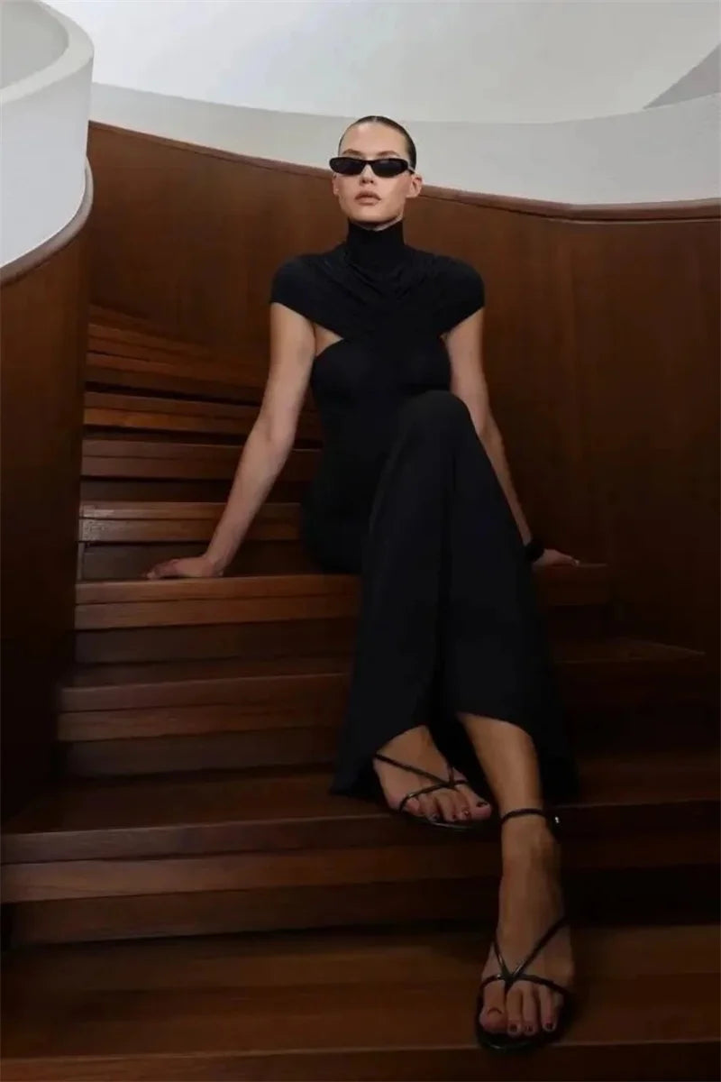 Mozision Turtleneck Short Sleeve Sexy Maxi Dress Women Elegant Draped Ruched Evening Club Party Long Dresses Female Clothes