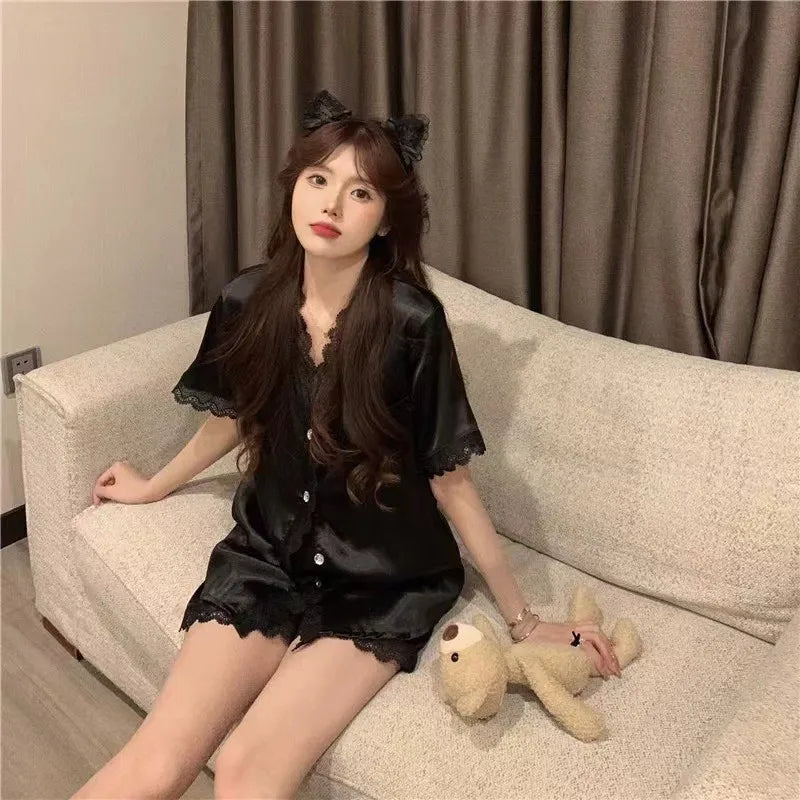 Women Sleepwear Ice Silk Girl Home Wear Cardigan Floral Sweet 2PCS Set Ladies Short Sleeve Shorts Student Pajamas M L Nightwear