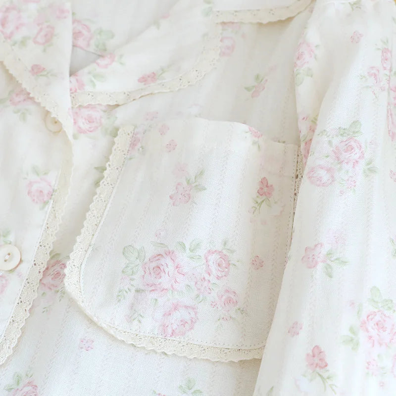 2026 New Spring/Summer Women's Pajama Set 100%Cotton Gauze Fresh Flower Collar Long Sleeve Two Piece Set Thin Loose Home Clothes