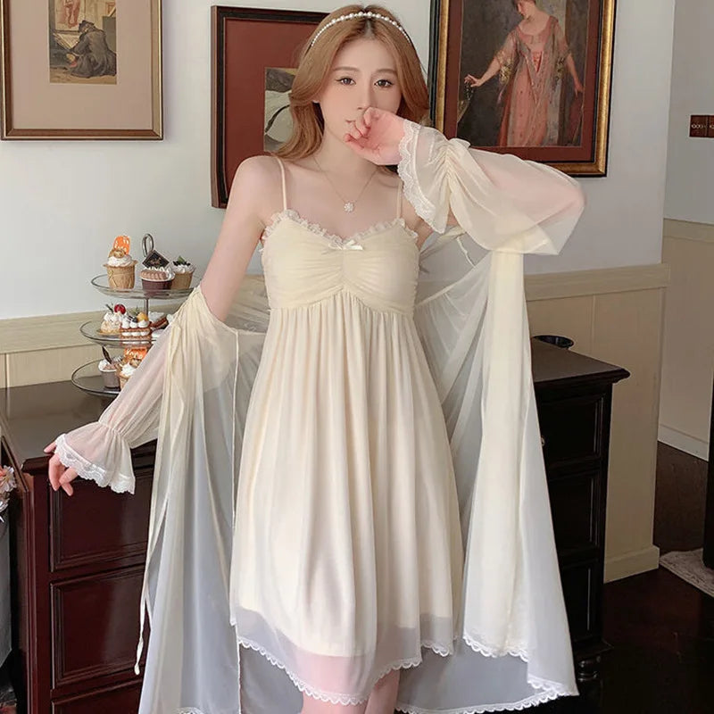 Spring Nightdress Women  Lace Sweet Nightgown Home Dress Pajamas Summer Girl Princess Style Soft Sleepwear Nightwear Outwear