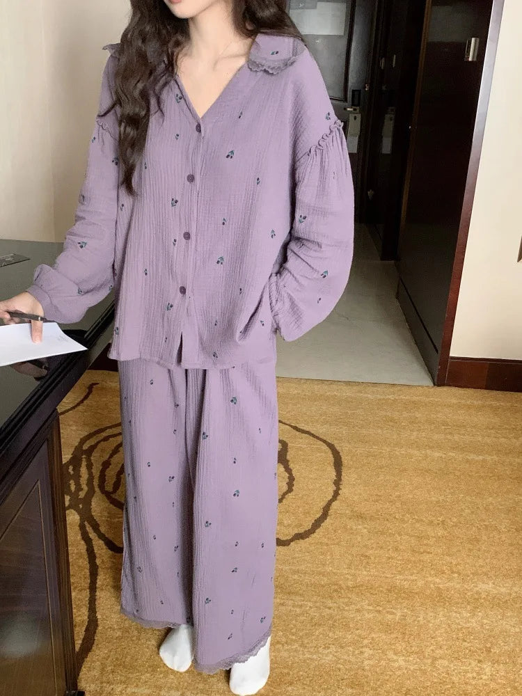 Cute Lapel Sweet Girl's Small Floral Pajama Spring New Elegant Women's Long Sleeved Pant Home Suit Set Comfortable Skin Friendly