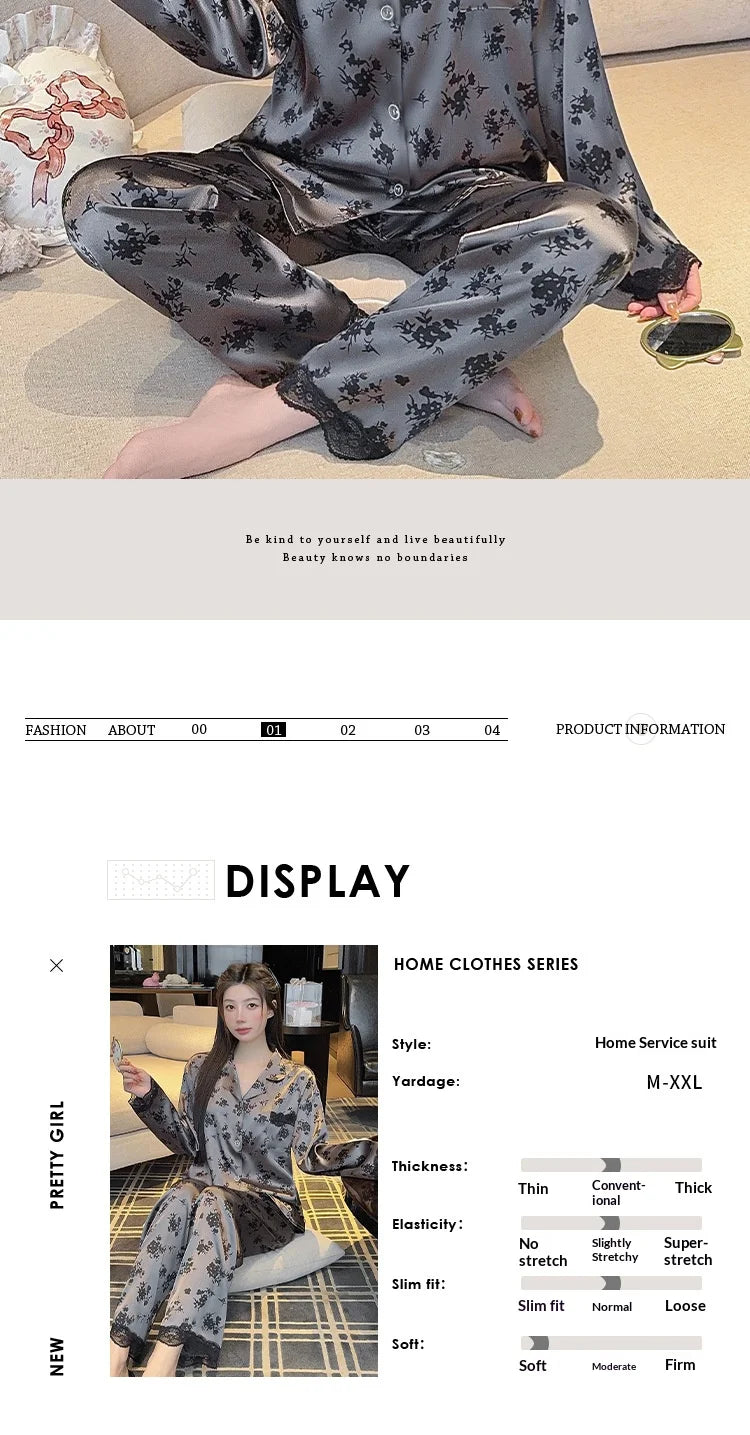Spring New Women's Long Sleeved Ice Silk Sleepwear Home Suit Set with Floral Lace Loose Sleepwear Home Suit Long Sleeved Set