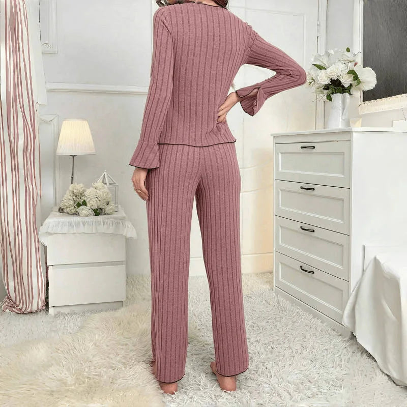 New 2025 Women Spring Casual Pajamas Set Comfortable Sleepwear Sexy Long Sleeve Lapel Solid Rib Homewear Female Loose Loungewear