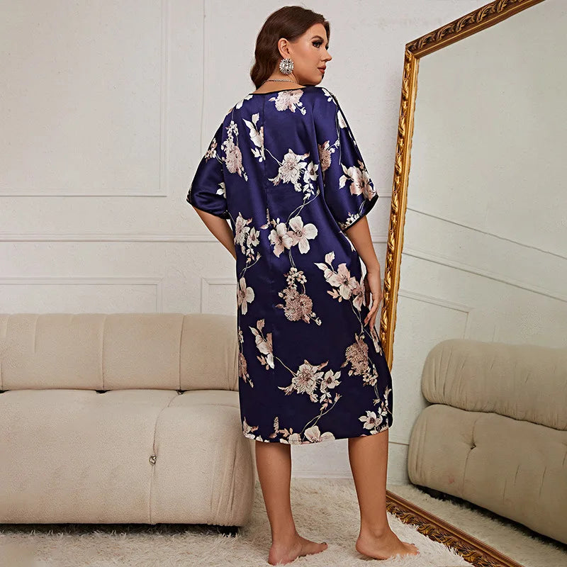 LX New plus size sleepwear, women's mid to long print pullover dress, home wear, silk ice silk nightgown