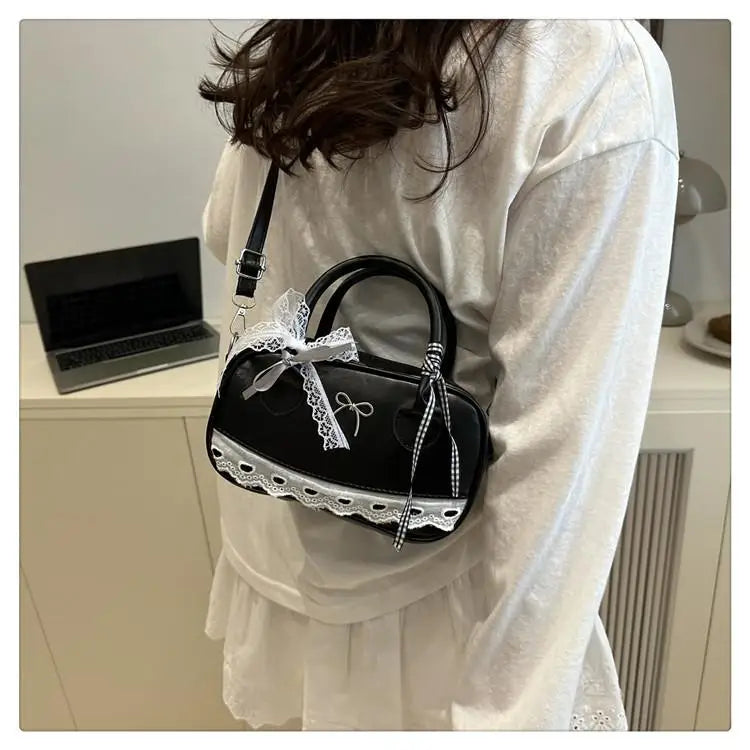 Simple Elegant Handbag Boston Shoulder bag Lace Ribbon Bow Decor Crossbody Bag Small Square Bag Casual Women Bags ﻿