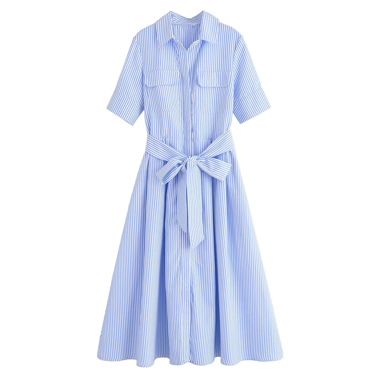 HH Women Summer Lapel Short Sleeve Pocket Single-Breasted Belt Decorate Midi Dress Female Fashion Shirt Style Pleated Dress