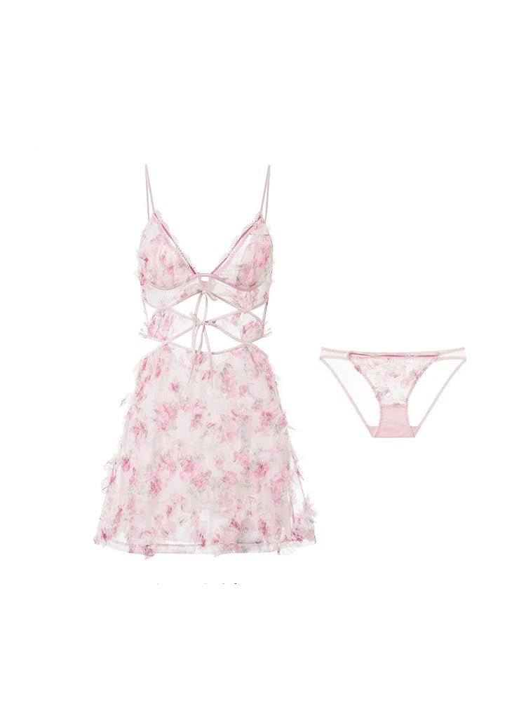 French Sexy Nightdress Women's Sleepwear Summer 2026 New Lace with Chest Pad Mesh Floral Printing Suspender Nightgowns Pajamas