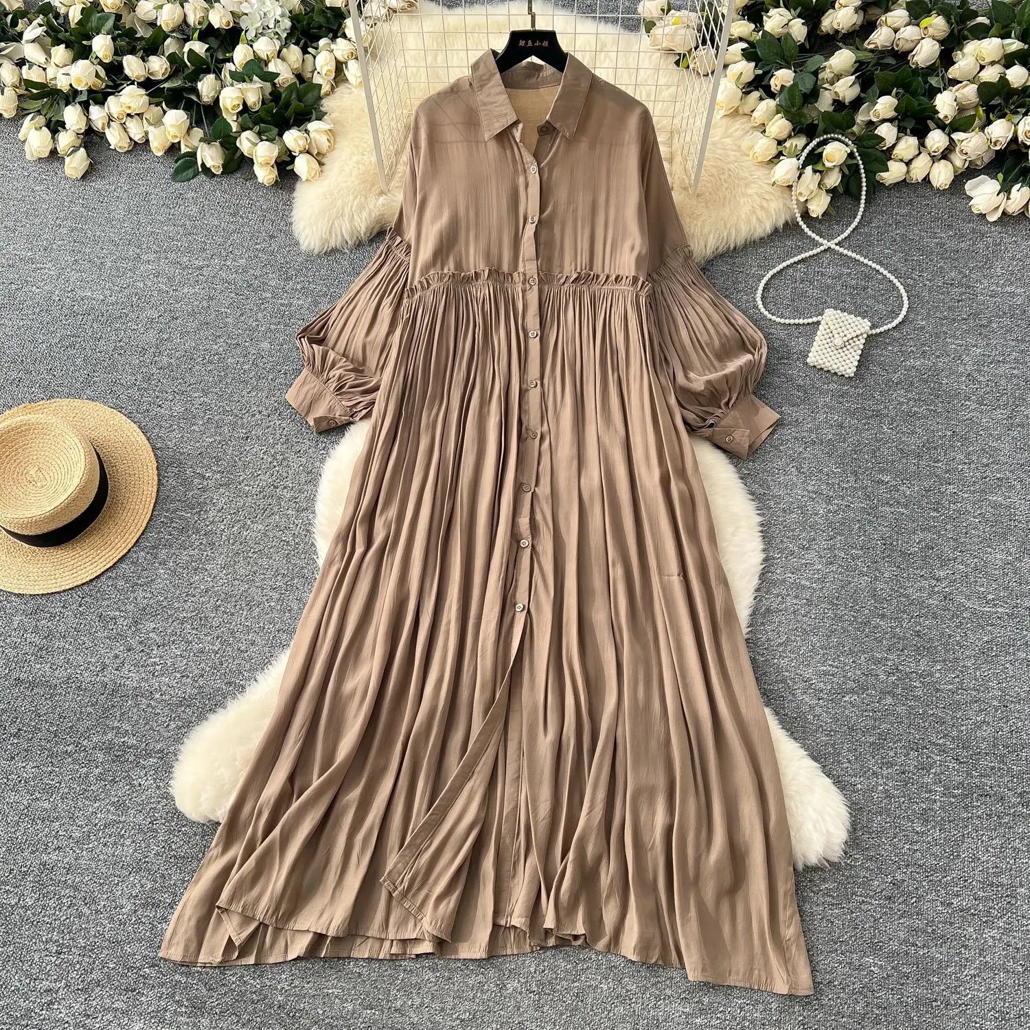 Pleated Dress Women Long Dresses A Line Vestidos Streetwear Lantern Sleeve Elegant Splice Y2k Single Breasted Loose Summer 2025