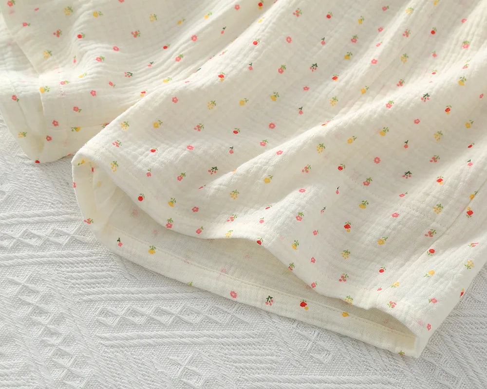 Pajamas pure cotton three-piece set spring and summer thin crepe autumn gauze lapel short-sleeved trousers shorts loungewear set