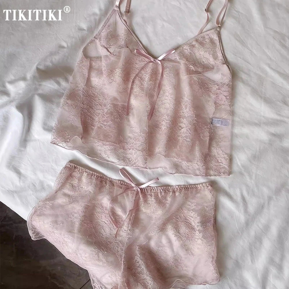 Women Harness Pajama Suspender Shorts For Women Sexy Sheer Pajamas Set Lingerie Pyjamas Shorts Set Perspective Lace Sleepwear