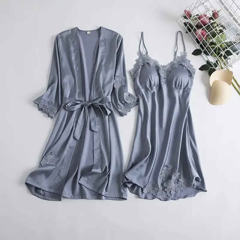 2PCS Pajamas Set White Women V-Neck Sleepwear M-XL Lace Kimono Sexy Nightshirts Flower Nightwear Robe Gown Sleep Suit Nightgown