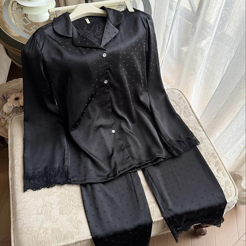 2025 Summer Autumn New Trousers Set Ice Silk Sleepwear for Women Lace Floral Backless Top Pant 2Pcs Pajamas Loungewear Nightwear