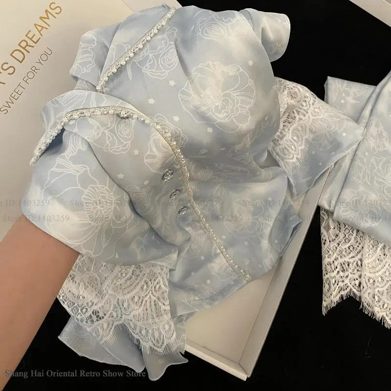 Plus Size 4XL Female 2PCS Pajamas Set Loungewear Sweet Girl Print Flower Lace Sleepwear Long Sleeve Pijamas Silk Satin Homewear