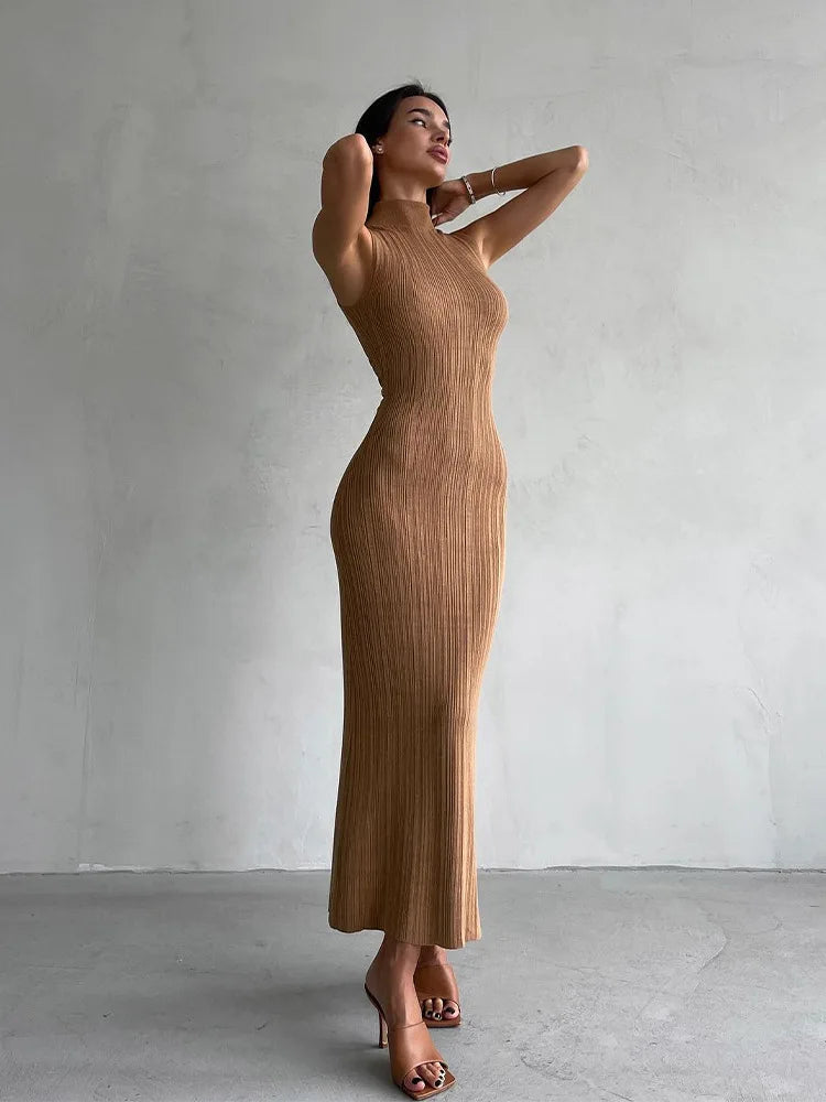 2025 Spring Sleeveless Knitwear Turtleneck Long Dress Female Slim Elegant Fashion Autumn Ribbed Knit Dress For Women Maxi Dress