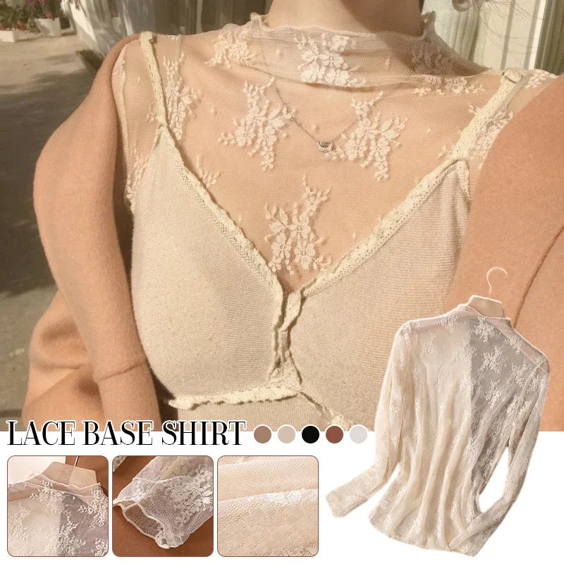 Sexy Floral Lace and Mesh Ruffle Nightgown Woman Sleep Tops Nightie Turtleneck Mesh Layering Top Y2k Floral Tee Shirts Blouse
