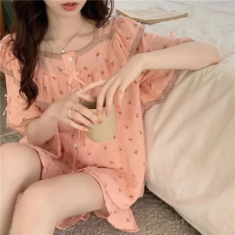 INS style women's summer new sweet floral high-quality short-sleeve shorts with bowtie girl homewear