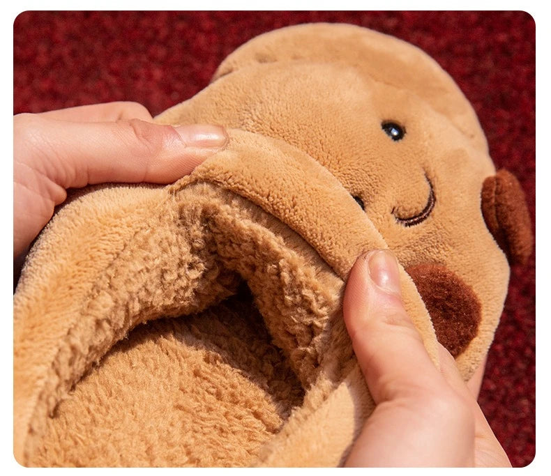 Cute Cartoon Fluffy Slippers For Women Men Winter House Shoes Furry Croissant Bread Style Anti-slip Couples Home Cotton Slides