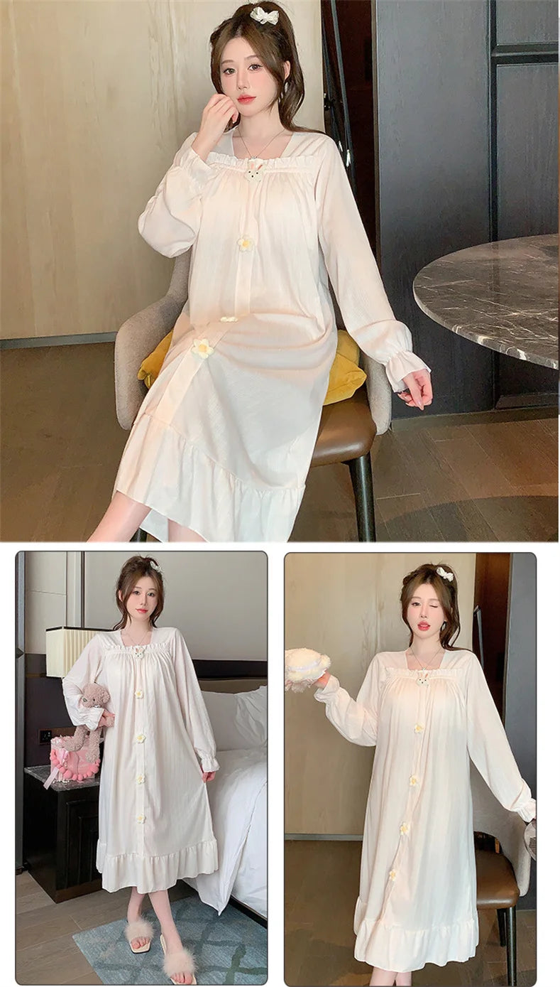 Autumn Winter New Women Cotton Nightdress With Chest Pad Long Dress Sweet Loose Long Sleeve Home Wear
